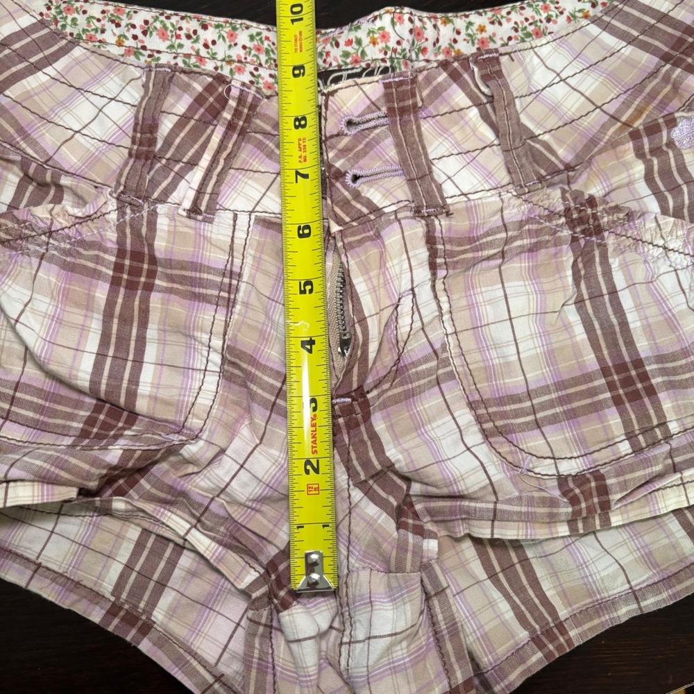 Y2K VTG Mcbling Plaid Low Rise Ruched Side Tie Shorts Brown Purple Size 5/6 Indi - Picture 12 of 14